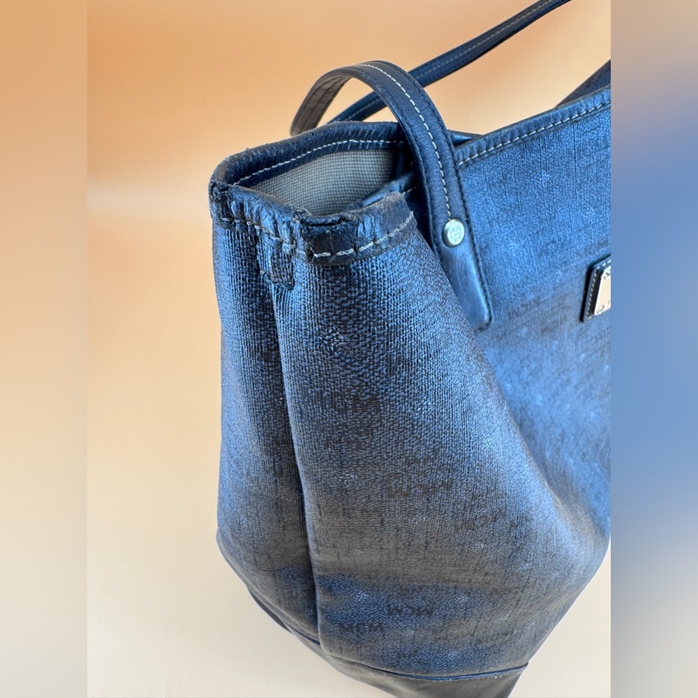 MCM Navy Blue Black Visetos Coated Canvas and Leather Open Tote - Picture 5 of 16